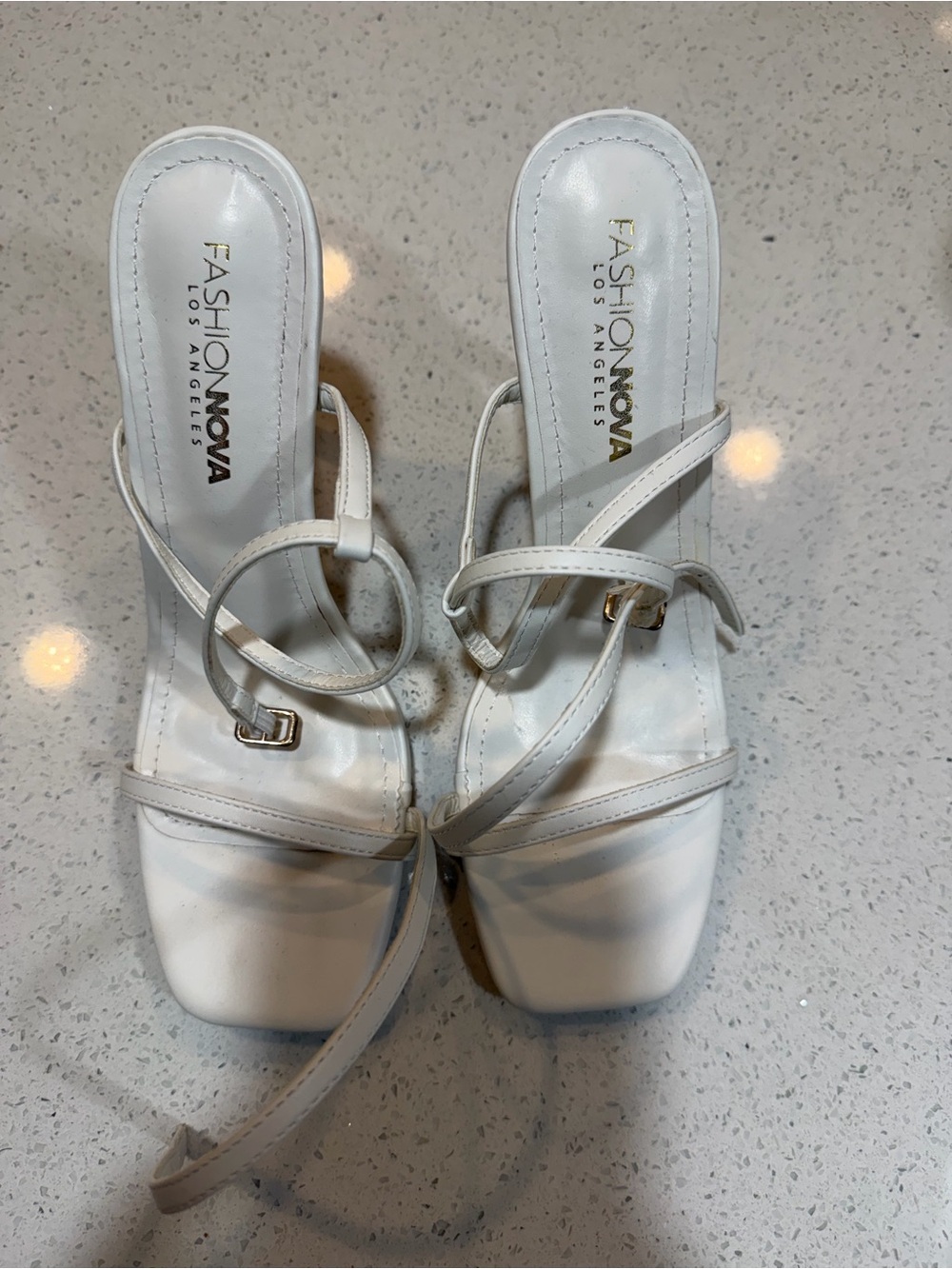 Fashion Nova White Multi-Strap Square Toe Heeled Sandals